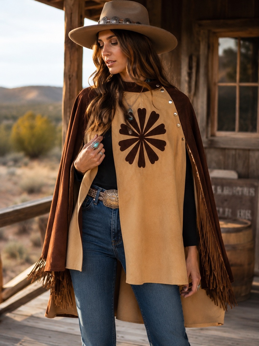 Desert Sunset Vintage Leather Cape • Western Fringe Boho Poncho